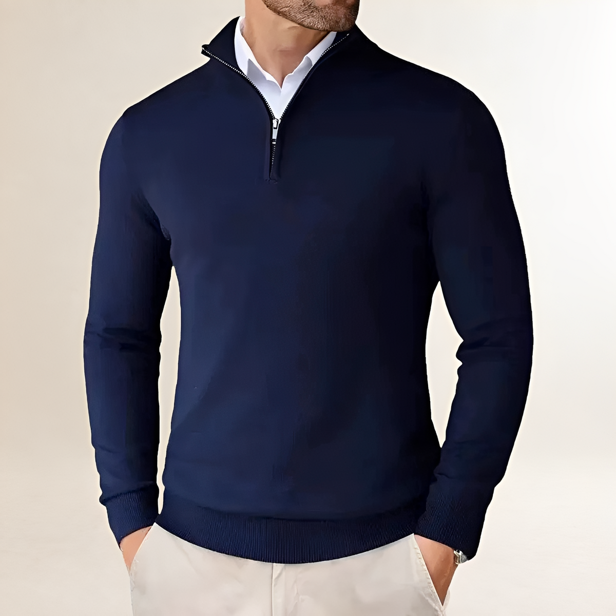 Suéter masculino meia-zip com caimento clássico e punhos canelados