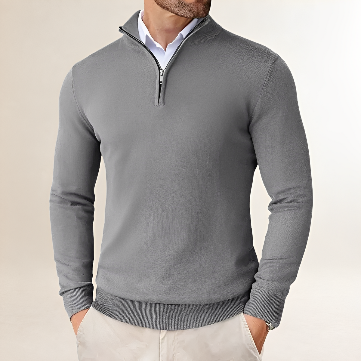 Suéter masculino meia-zip com caimento clássico e punhos canelados