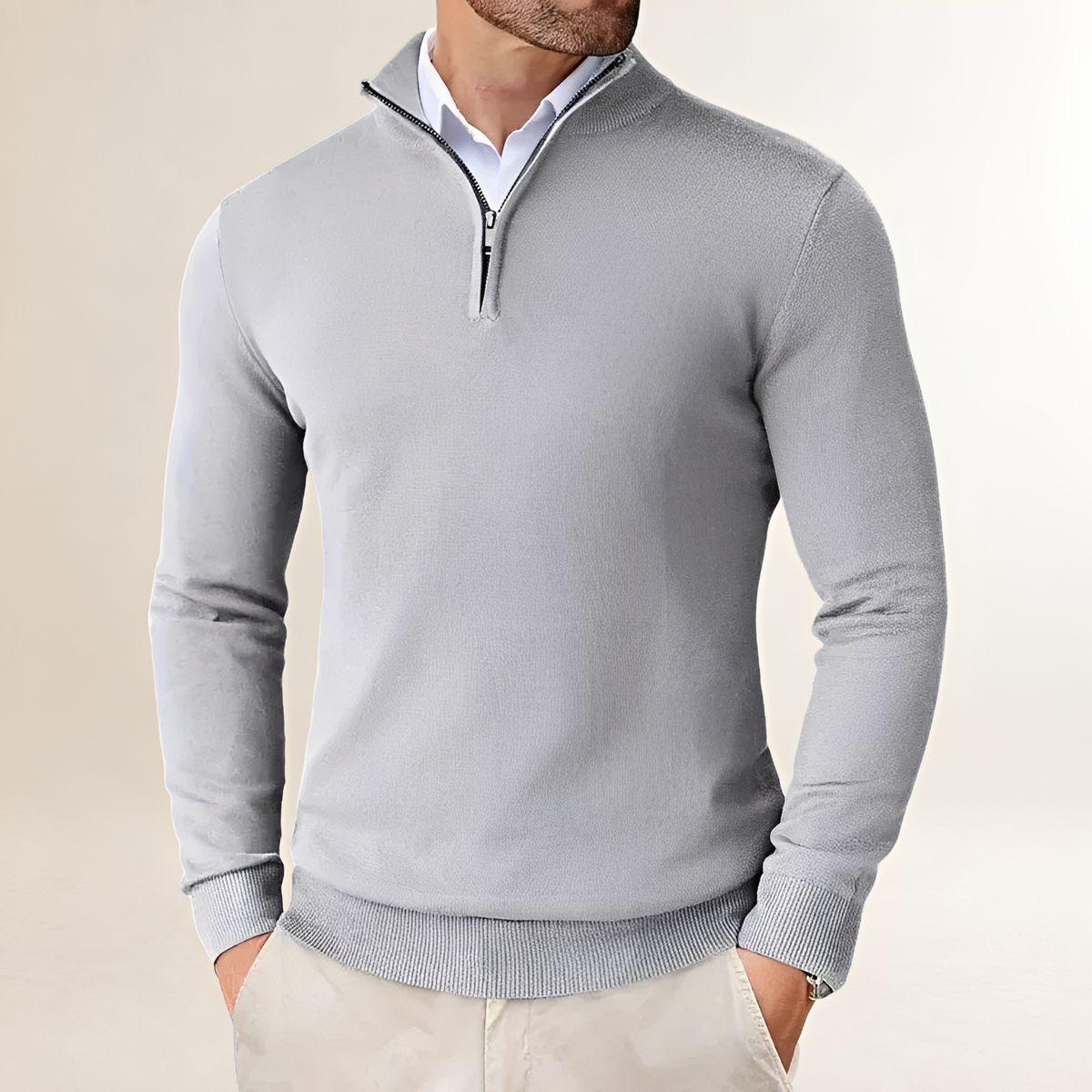 Suéter masculino meia-zip com caimento clássico e punhos canelados
