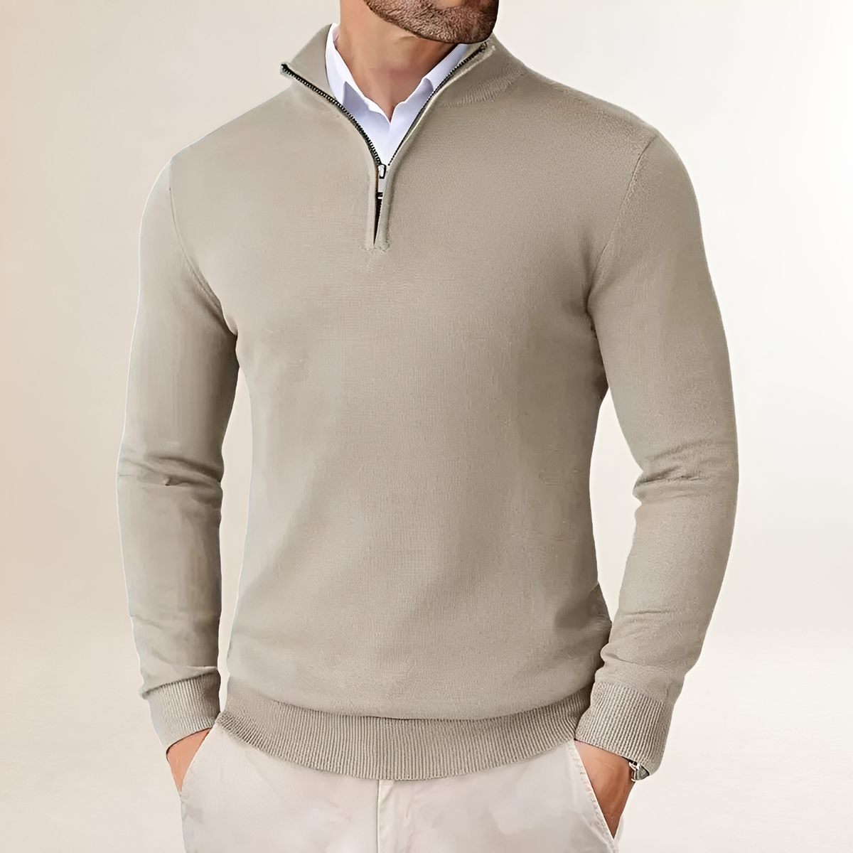Suéter masculino meia-zip com caimento clássico e punhos canelados