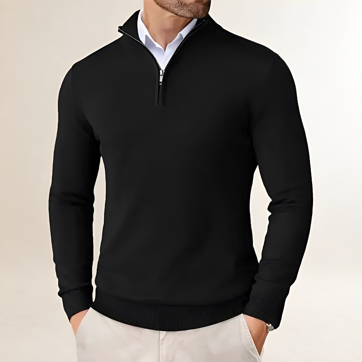 Suéter masculino meia-zip com caimento clássico e punhos canelados