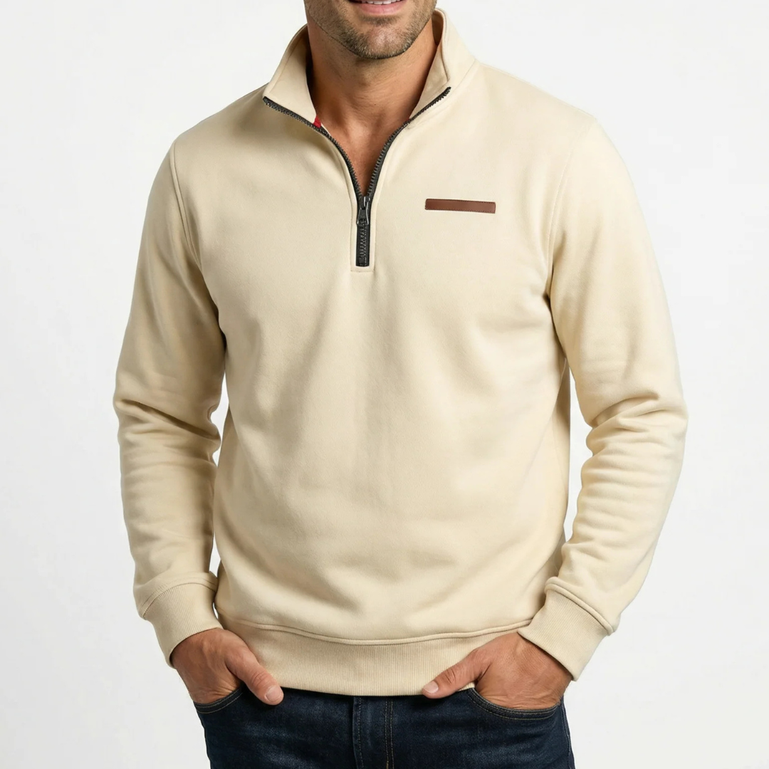 Suéter masculino meia-ziper com gola alta e zíper visível - caimento relaxado