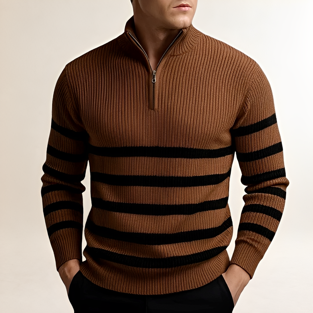 Suéter masculino meia-ziper com listras grossas