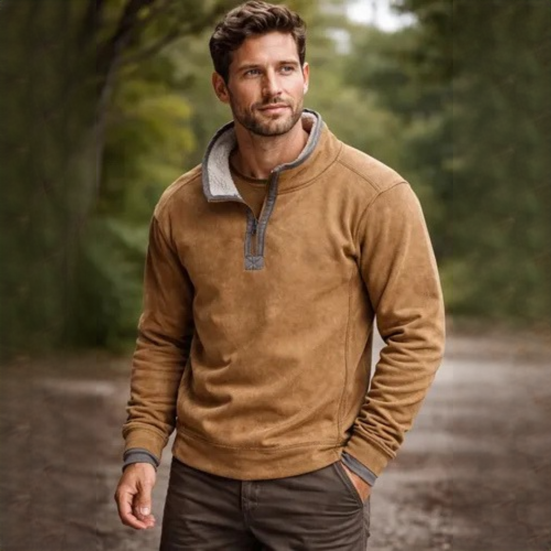 Suéter masculino meio-zíper com gola alta e costuras contrastantes nos cotovelos