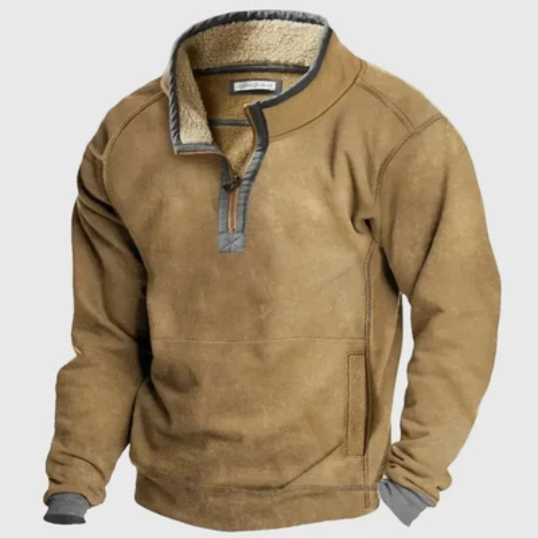 Suéter masculino meio-zíper com gola alta e costuras contrastantes nos cotovelos