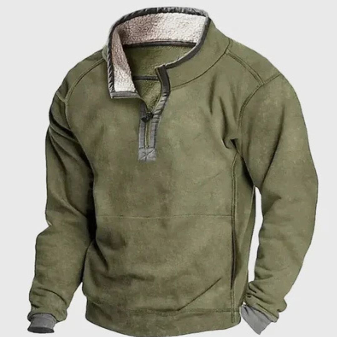 Suéter masculino meio-zíper com gola alta e costuras contrastantes nos cotovelos