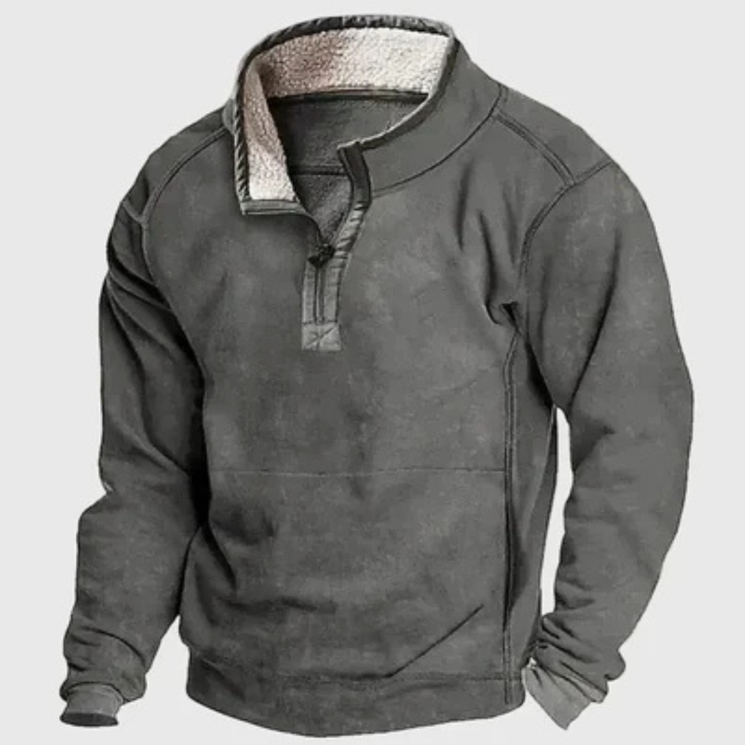 Suéter masculino meio-zíper com gola alta e costuras contrastantes nos cotovelos