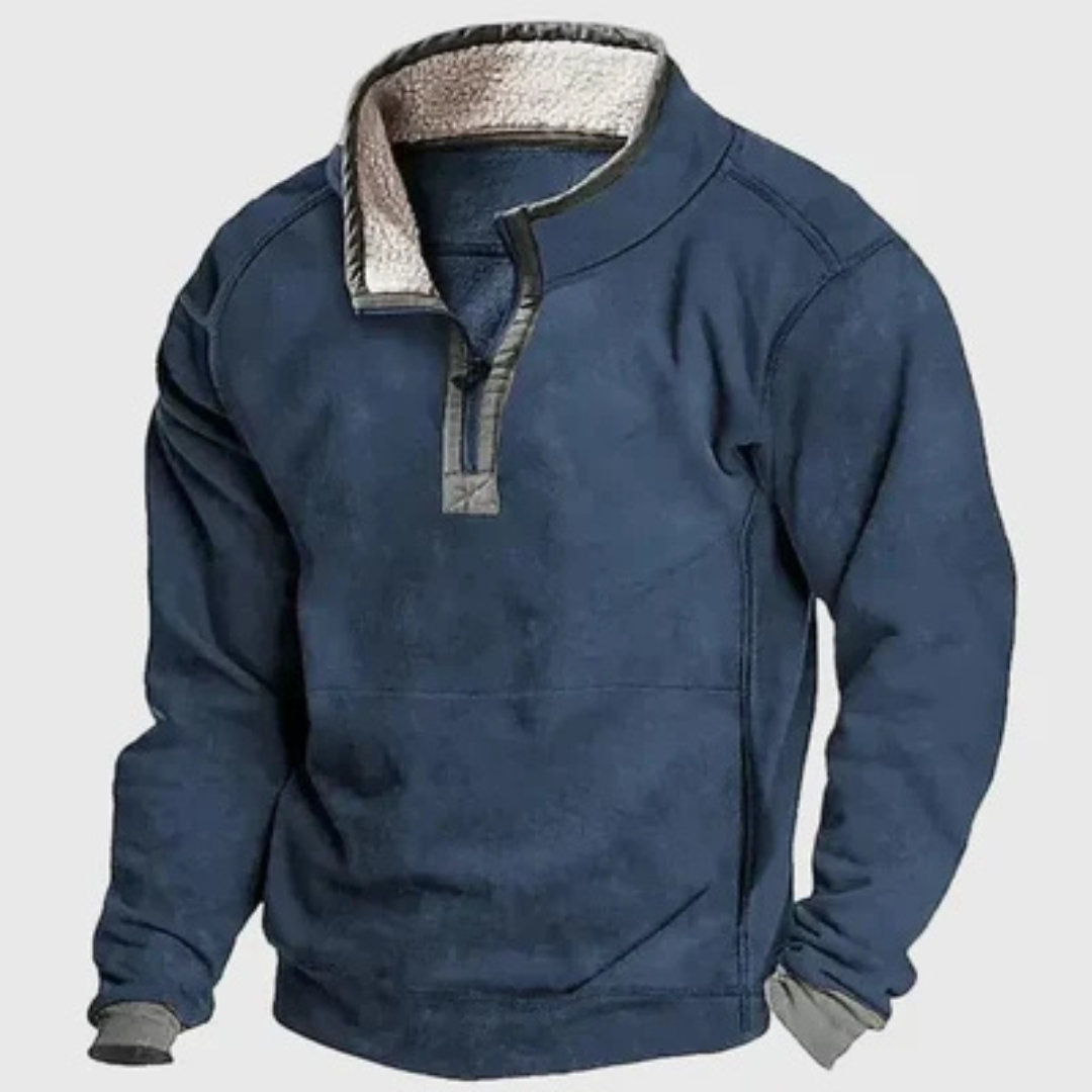 Suéter masculino meio-zíper com gola alta e costuras contrastantes nos cotovelos
