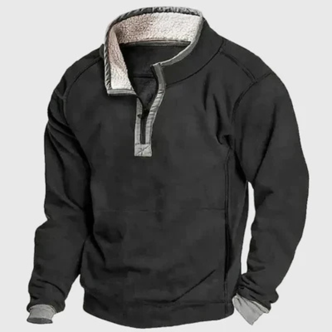 Suéter masculino meio-zíper com gola alta e costuras contrastantes nos cotovelos