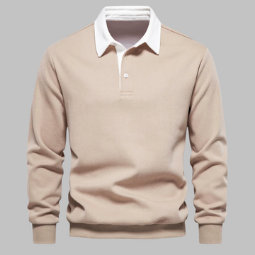 Suéter polo masculino com gola polo, manga longa, botões e corte relaxado