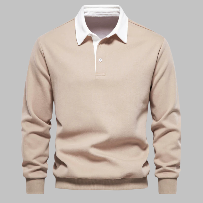 Suéter polo masculino com gola polo, manga longa, botões e corte relaxado
