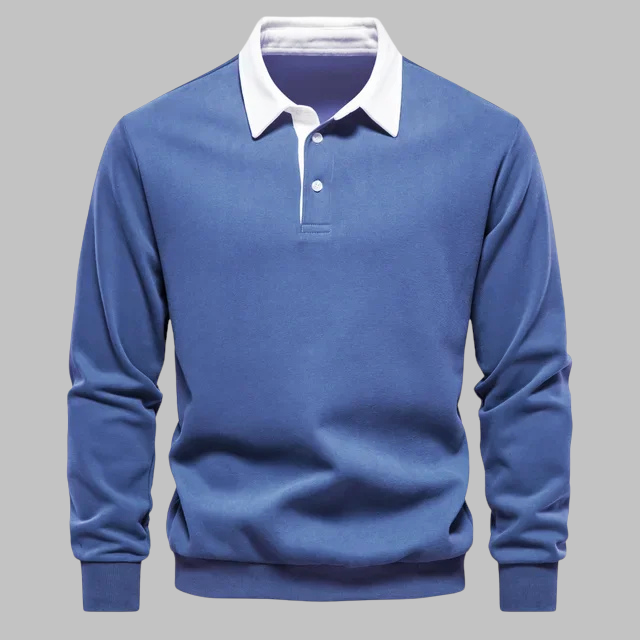 Suéter polo masculino com gola polo, manga longa, botões e corte relaxado
