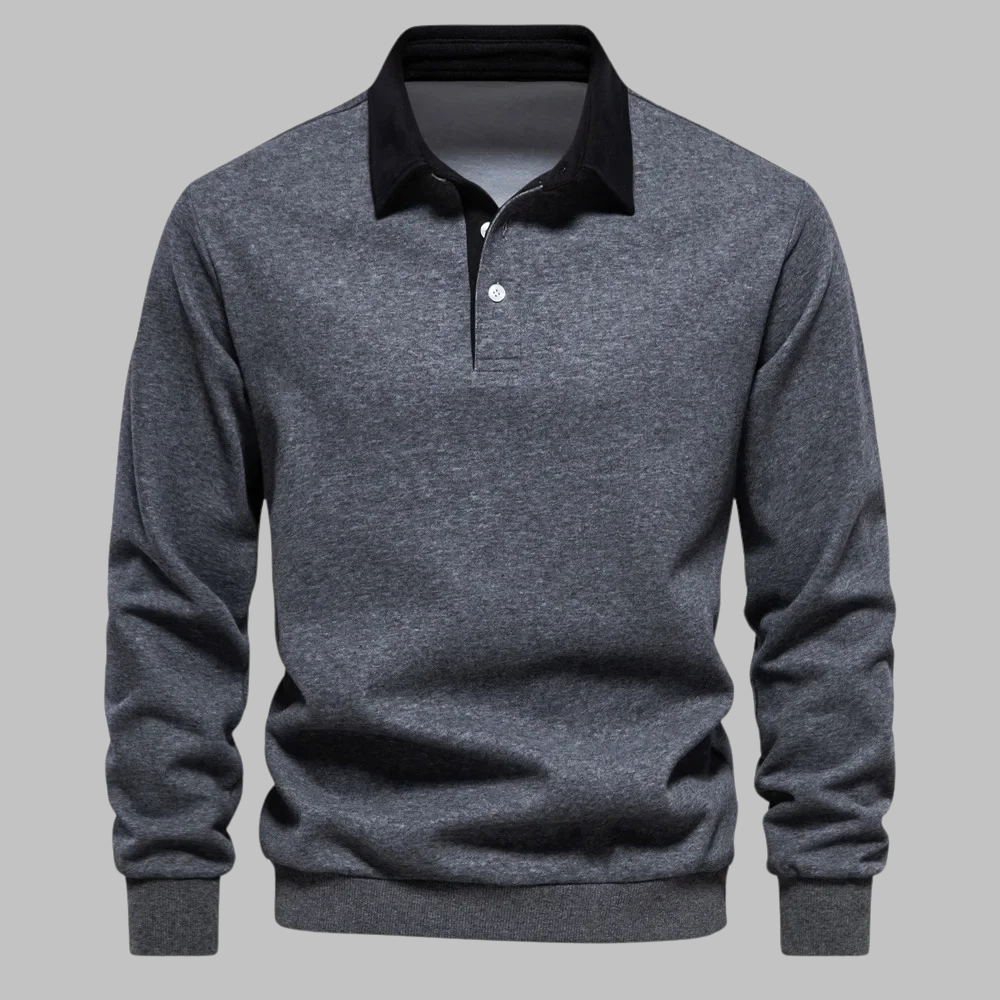 Suéter polo masculino com gola polo, manga longa, botões e corte relaxado