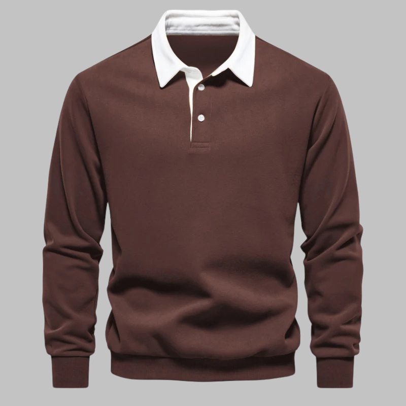 Suéter polo masculino com gola polo, manga longa, botões e corte relaxado