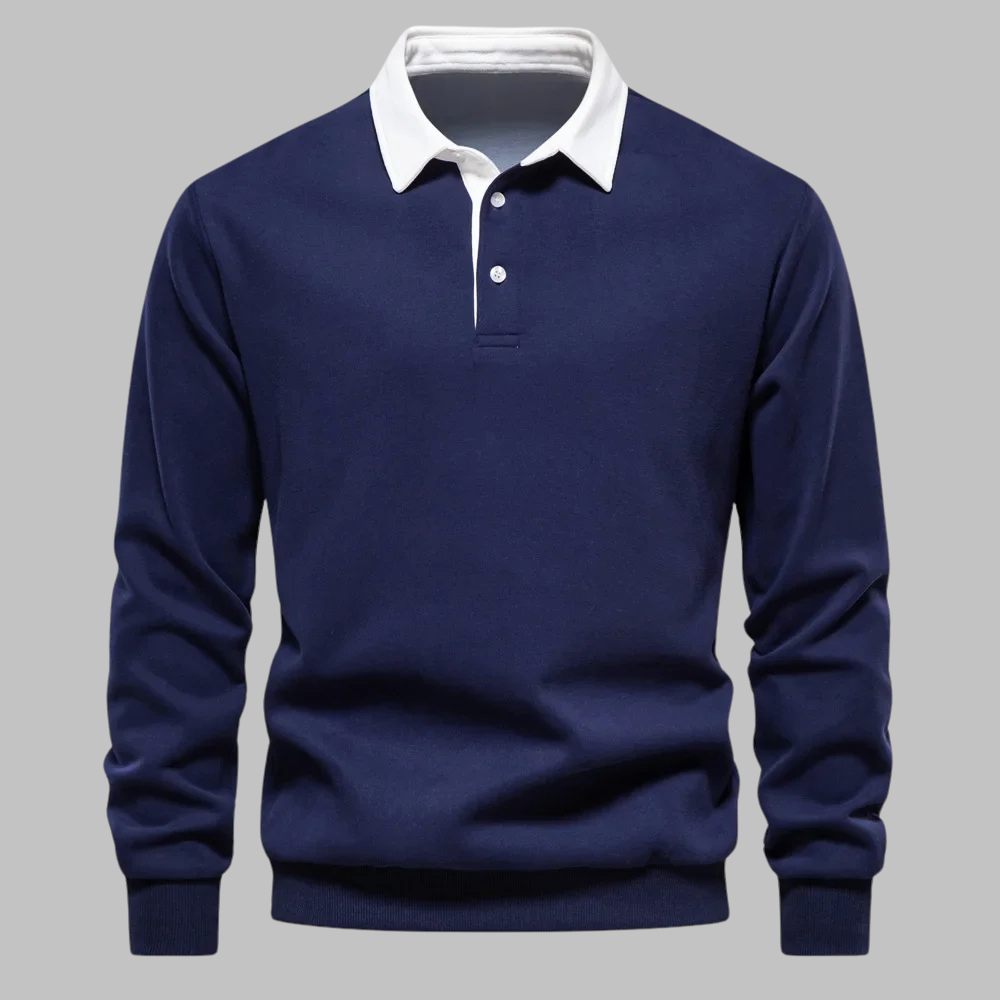 Suéter polo masculino com gola polo, manga longa, botões e corte relaxado