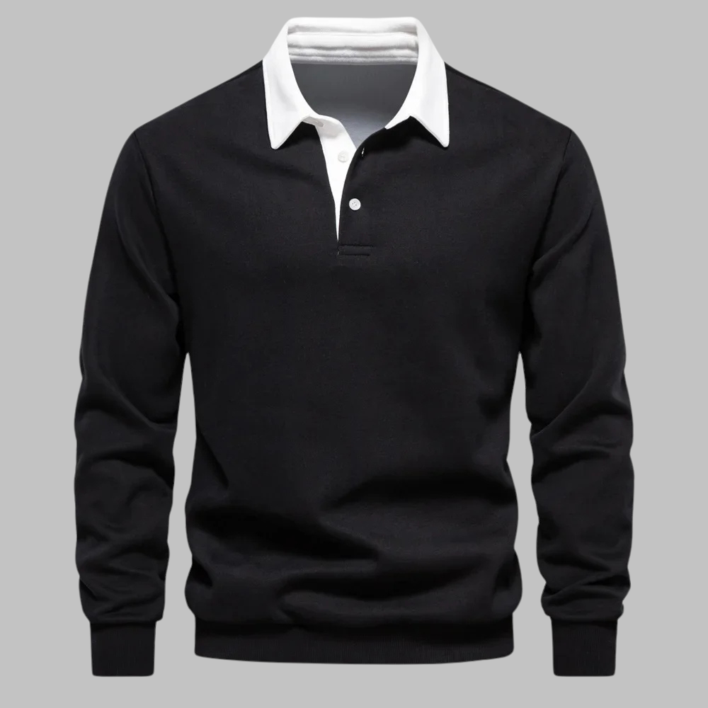 Suéter polo masculino com gola polo, manga longa, botões e corte relaxado