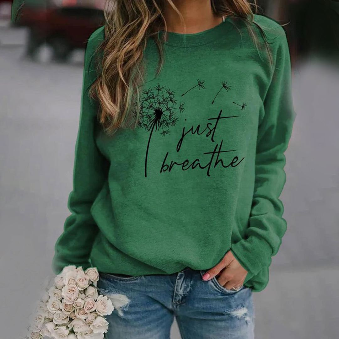 Sweatshirt casual para mulher com estampado de dente-de-leão e a frase "Just Breathe" – corte largo e mangas compridas.