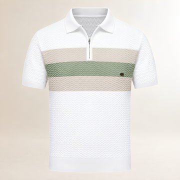 T‑Shirt masculino polo com gola polo e zíper abre no peito - textura ondulada com listras no peito