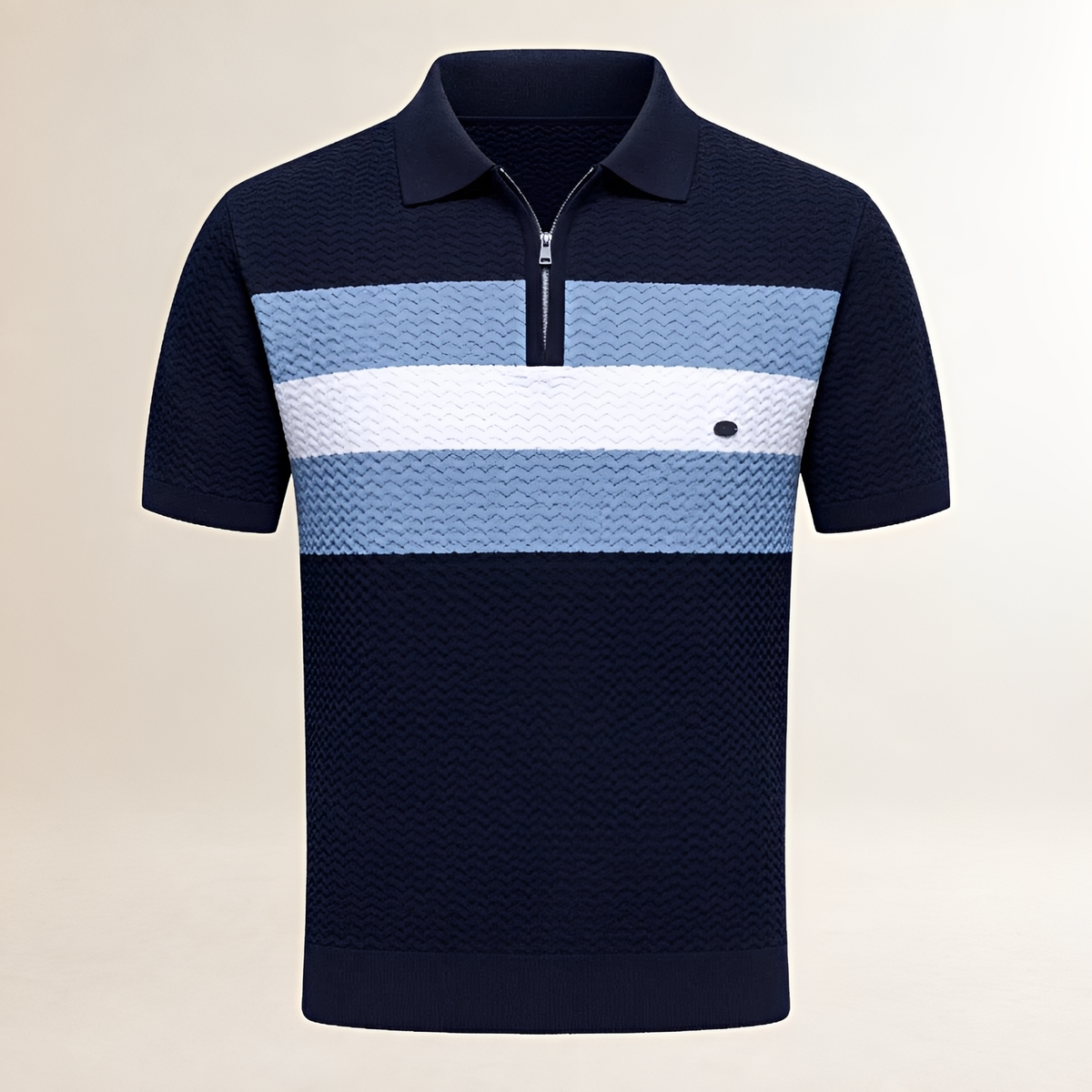 T‑Shirt masculino polo com gola polo e zíper abre no peito - textura ondulada com listras no peito