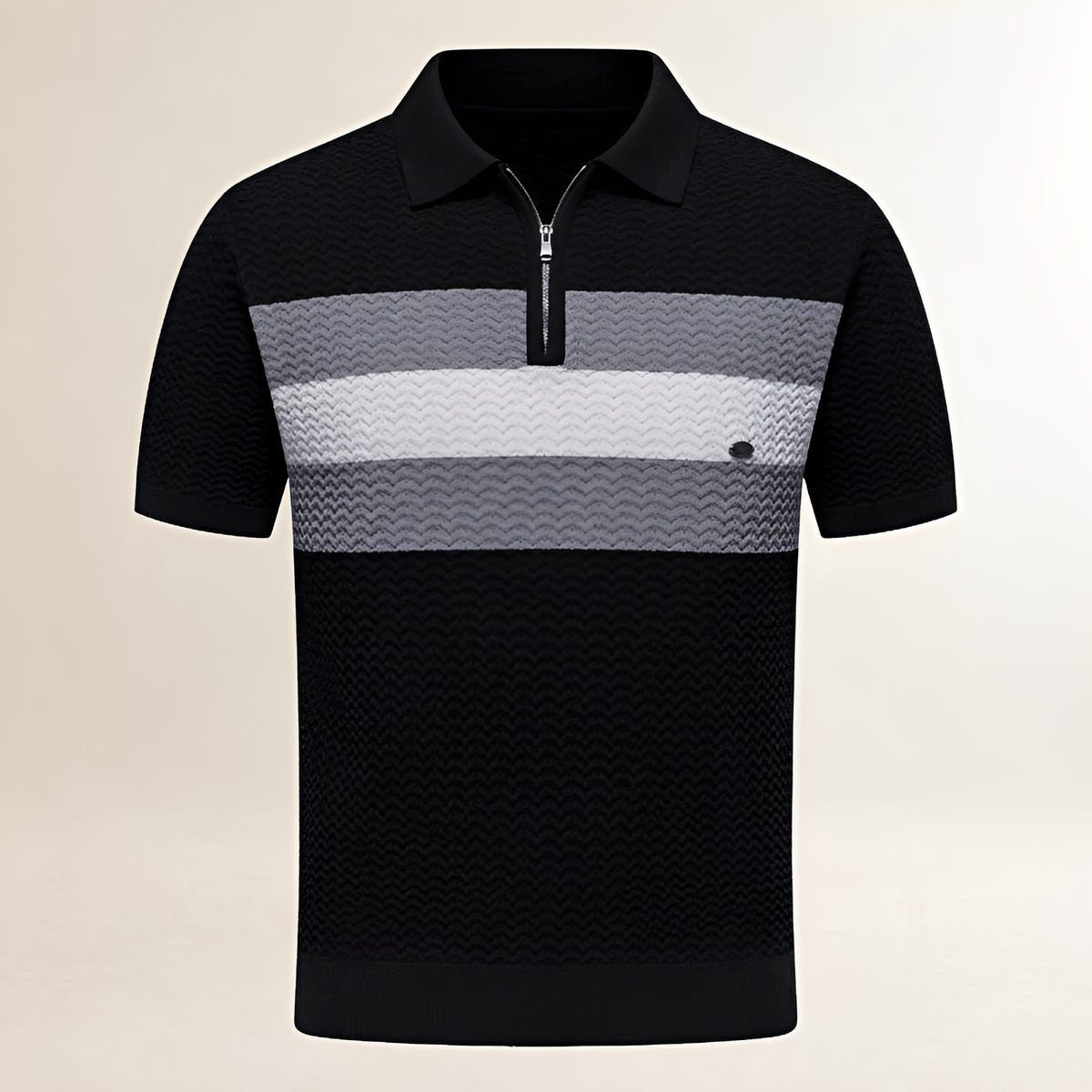 T‑Shirt masculino polo com gola polo e zíper abre no peito - textura ondulada com listras no peito