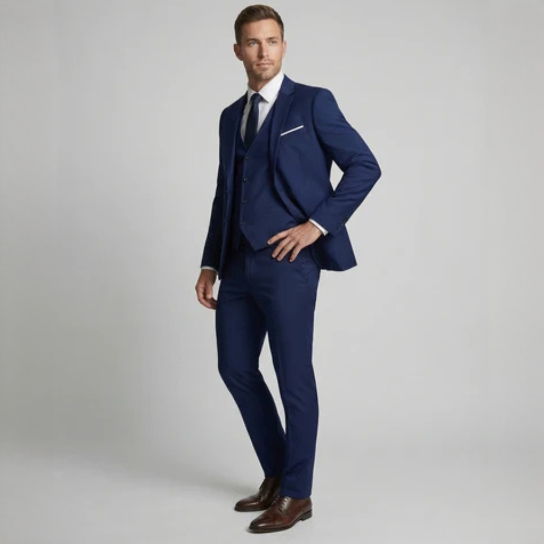 Terno masculino 3 peças com paletó de abotoamento simples de dois botões, colete e calça de frente lisa, corte slim