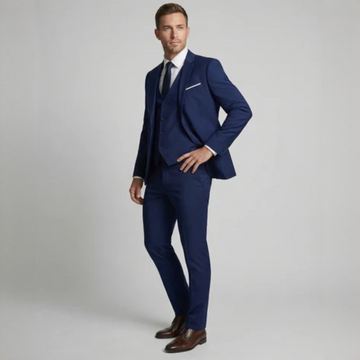 Terno masculino 3 peças com paletó de abotoamento simples de dois botões, colete e calça de frente lisa, corte slim