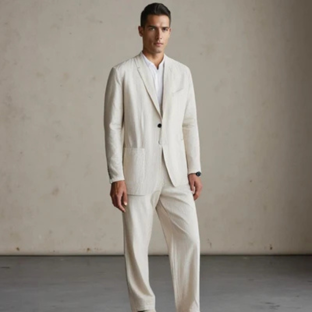 terno masculino com blazer de um só botão e calça reta com cós elástico