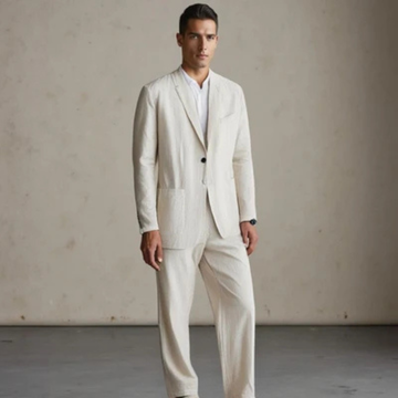 terno masculino com blazer de um só botão e calça reta com cós elástico
