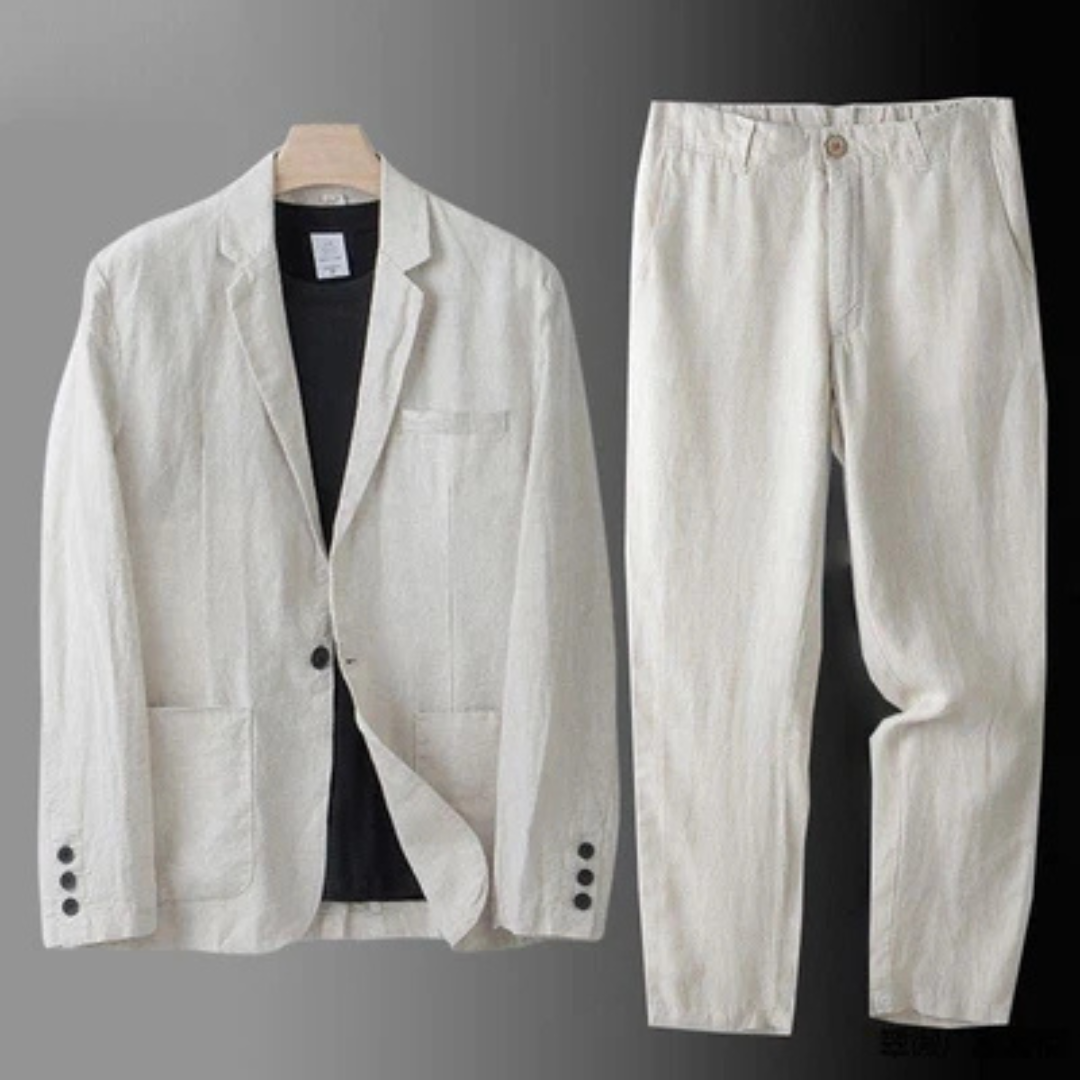 terno masculino com blazer de um só botão e calça reta com cós elástico