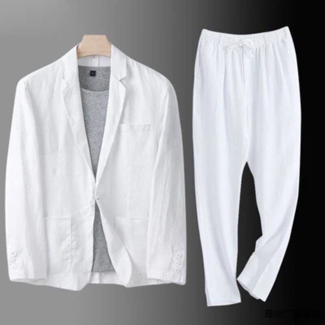 terno masculino com blazer de um só botão e calça reta com cós elástico