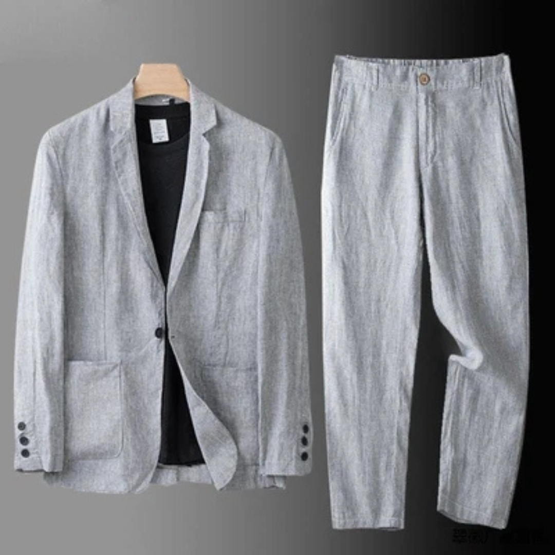 terno masculino com blazer de um só botão e calça reta com cós elástico