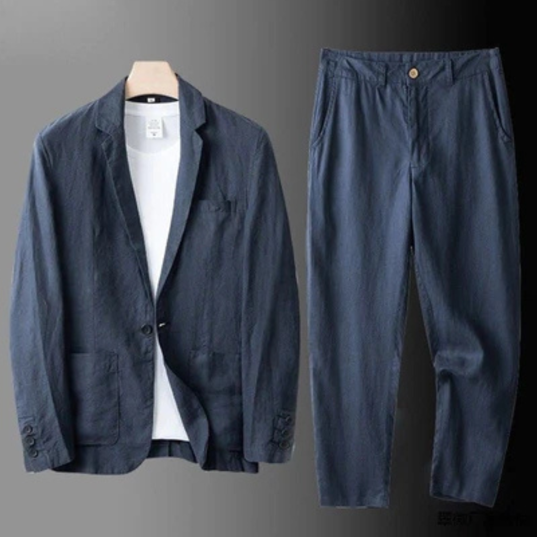 terno masculino com blazer de um só botão e calça reta com cós elástico