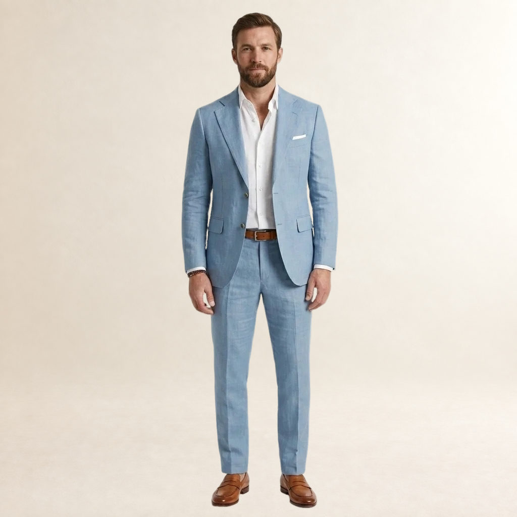 Terno masculino de corte slim com blazer de abotoadura simples e calças ajustadas