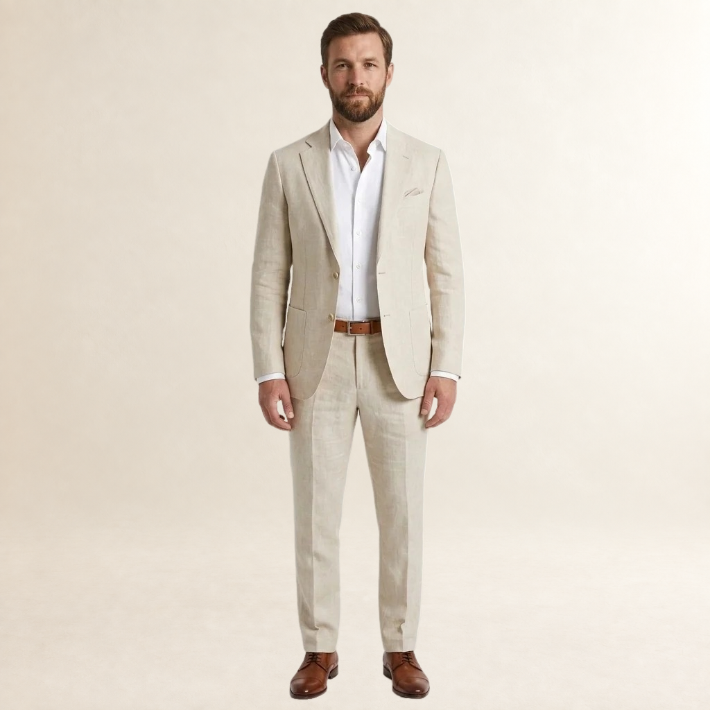Terno masculino de corte slim com blazer de abotoadura simples e calças ajustadas