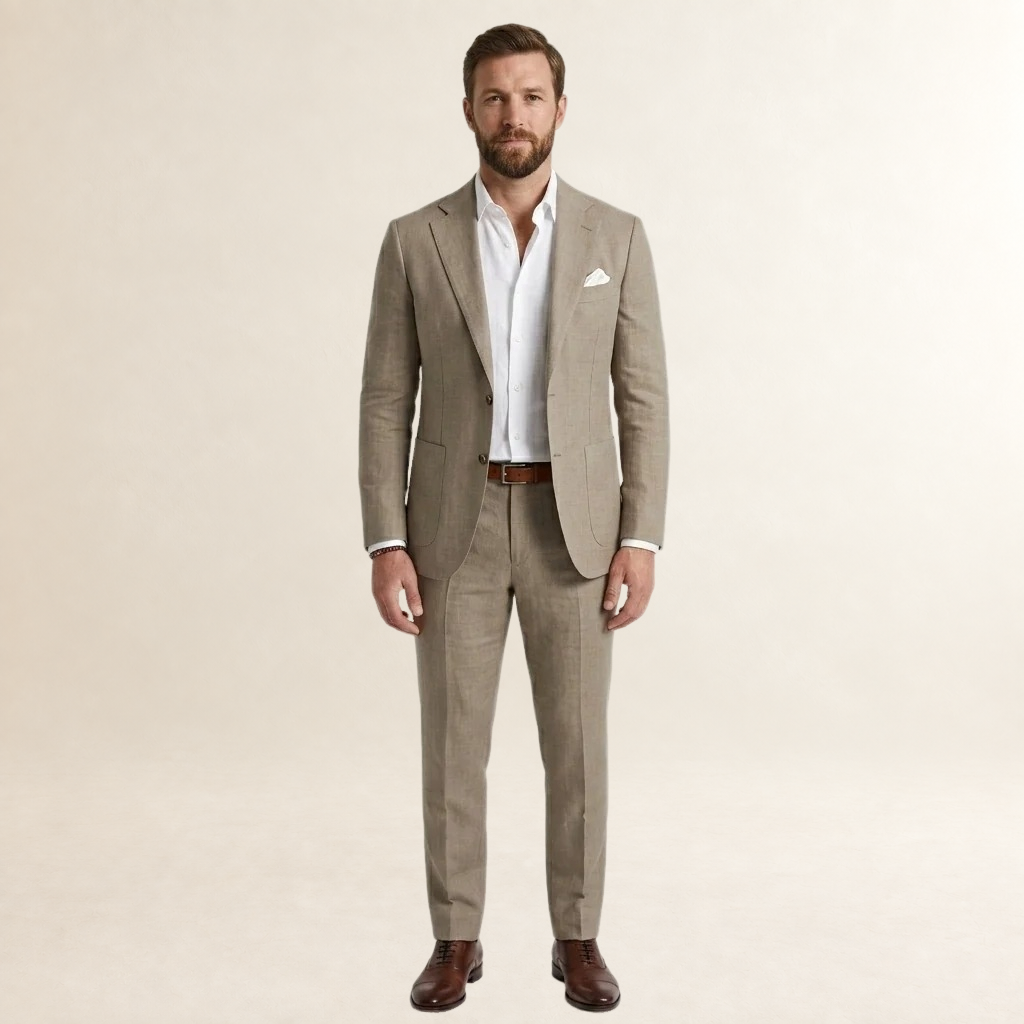 Terno masculino de corte slim com blazer de abotoadura simples e calças ajustadas