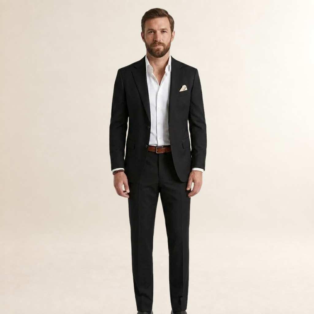 Terno masculino de corte slim com blazer de abotoadura simples e calças ajustadas