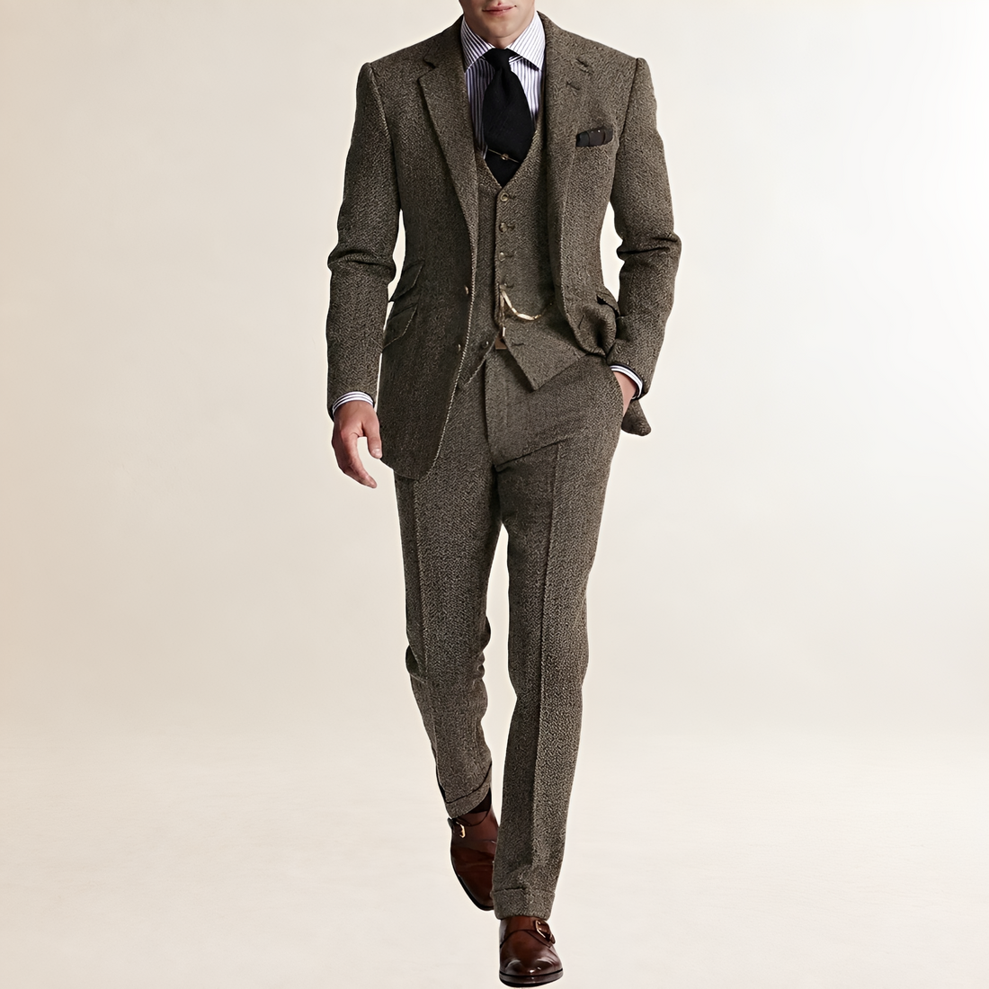 Terno masculino de três peças com blazer, colete e calças de corte ajustado