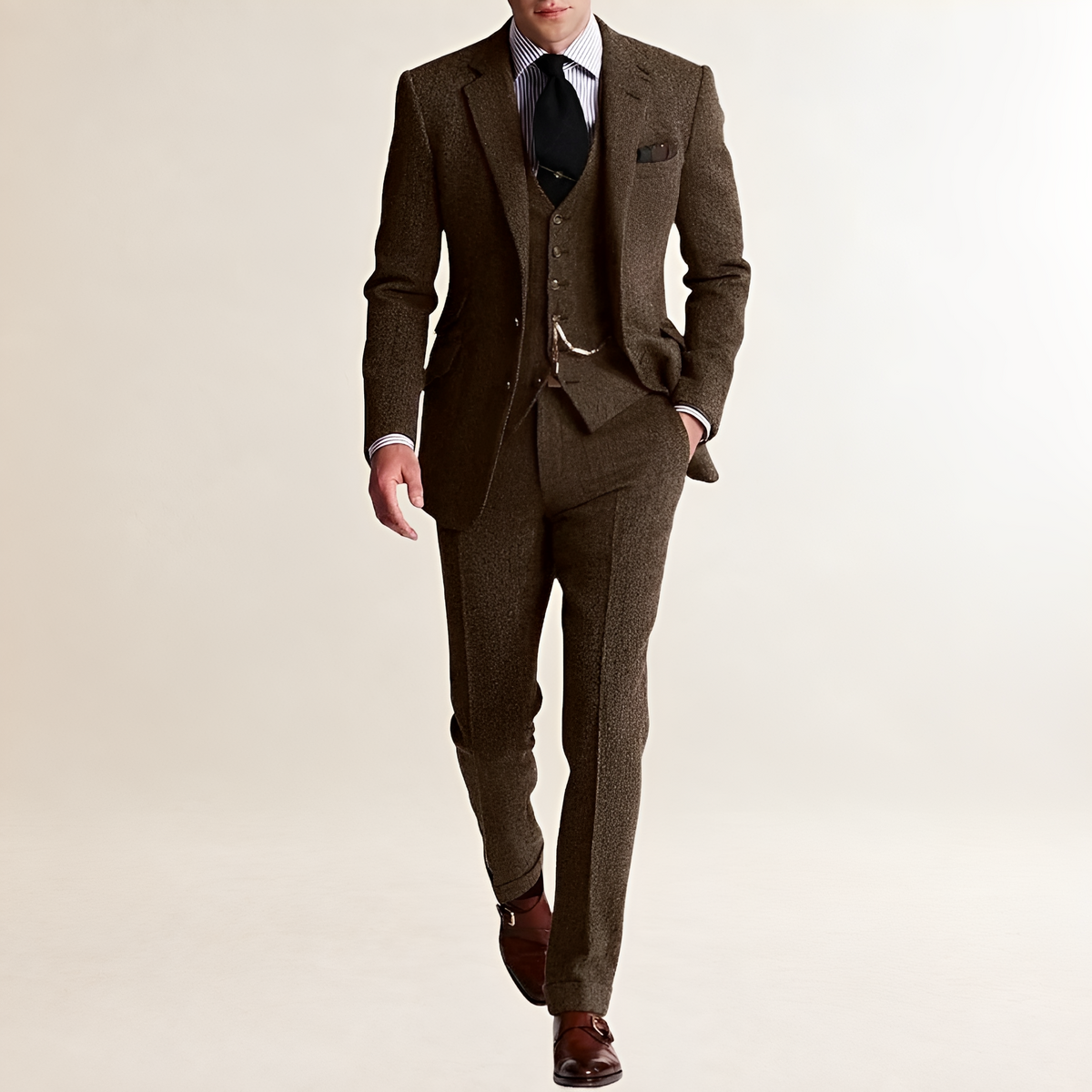 Terno masculino de três peças com blazer, colete e calças de corte ajustado
