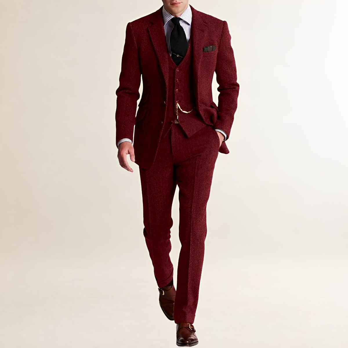 Terno masculino de três peças com blazer, colete e calças de corte ajustado
