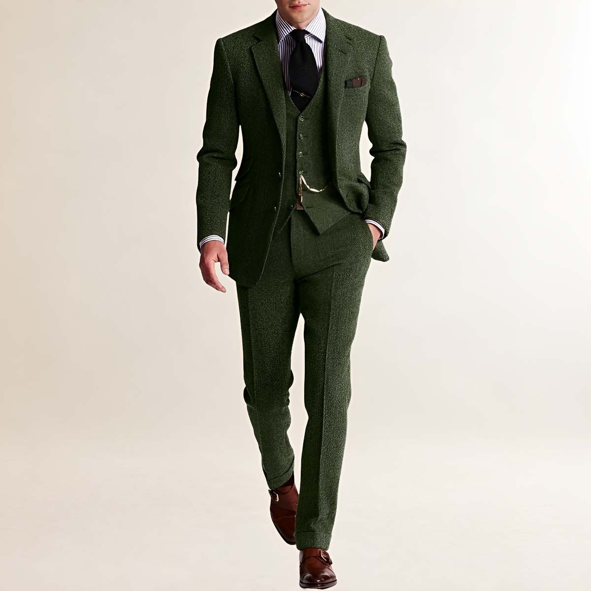 Terno masculino de três peças com blazer, colete e calças de corte ajustado