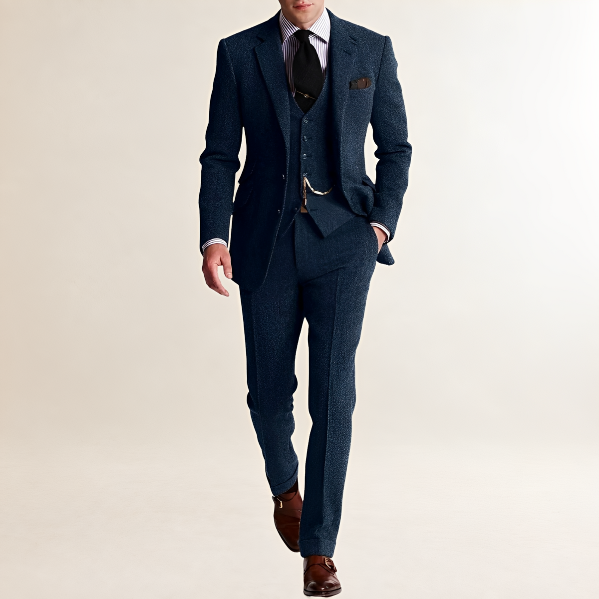 Terno masculino de três peças com blazer, colete e calças de corte ajustado