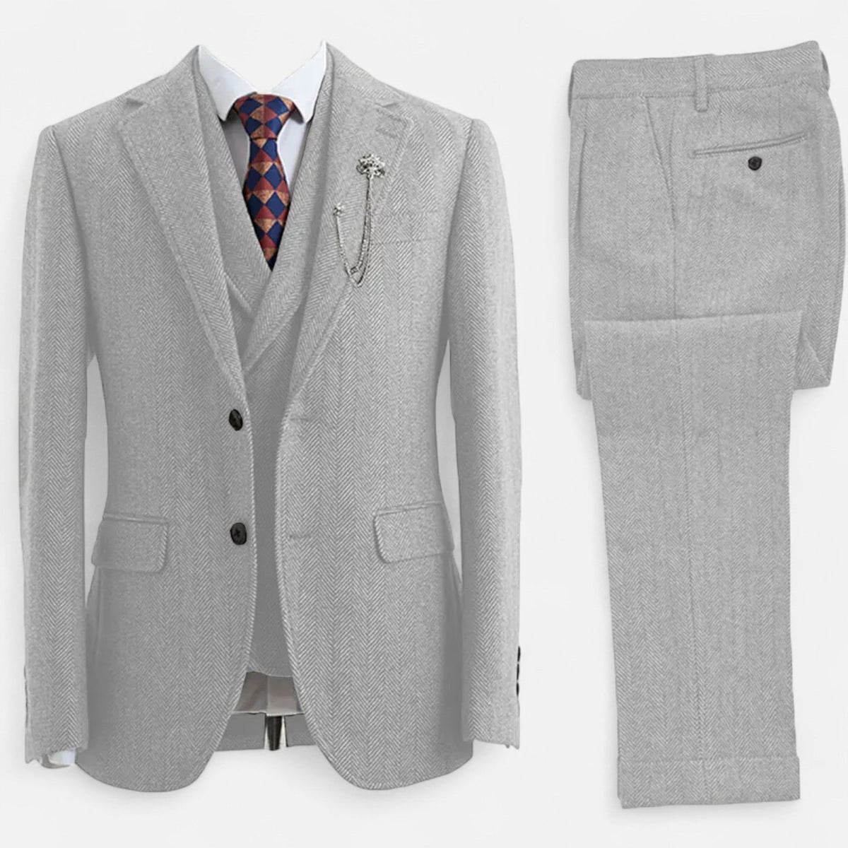 Terno masculino de três peças com padrão xadrez herringbone e caimento ajustado