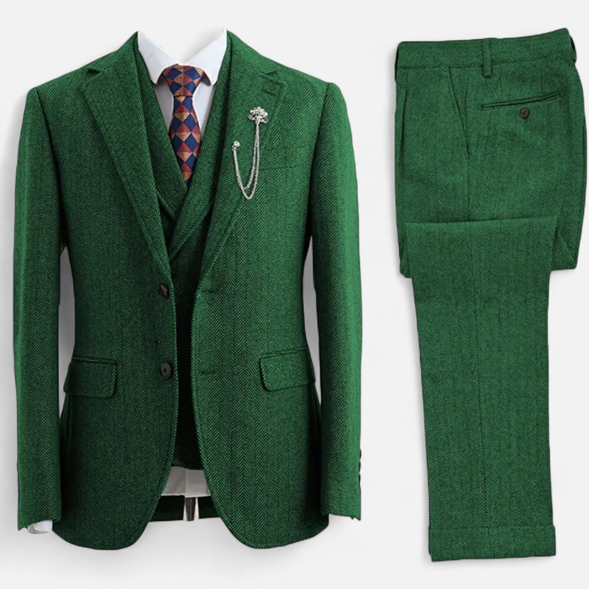 Terno masculino de três peças com padrão xadrez herringbone e caimento ajustado