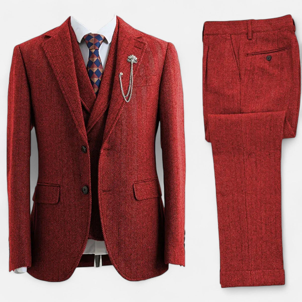 Terno masculino de três peças com padrão xadrez herringbone e caimento ajustado