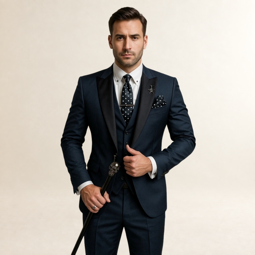Terno masculino de três peças slim fit com lapelas pontiagudas e colete com corrente decorativa