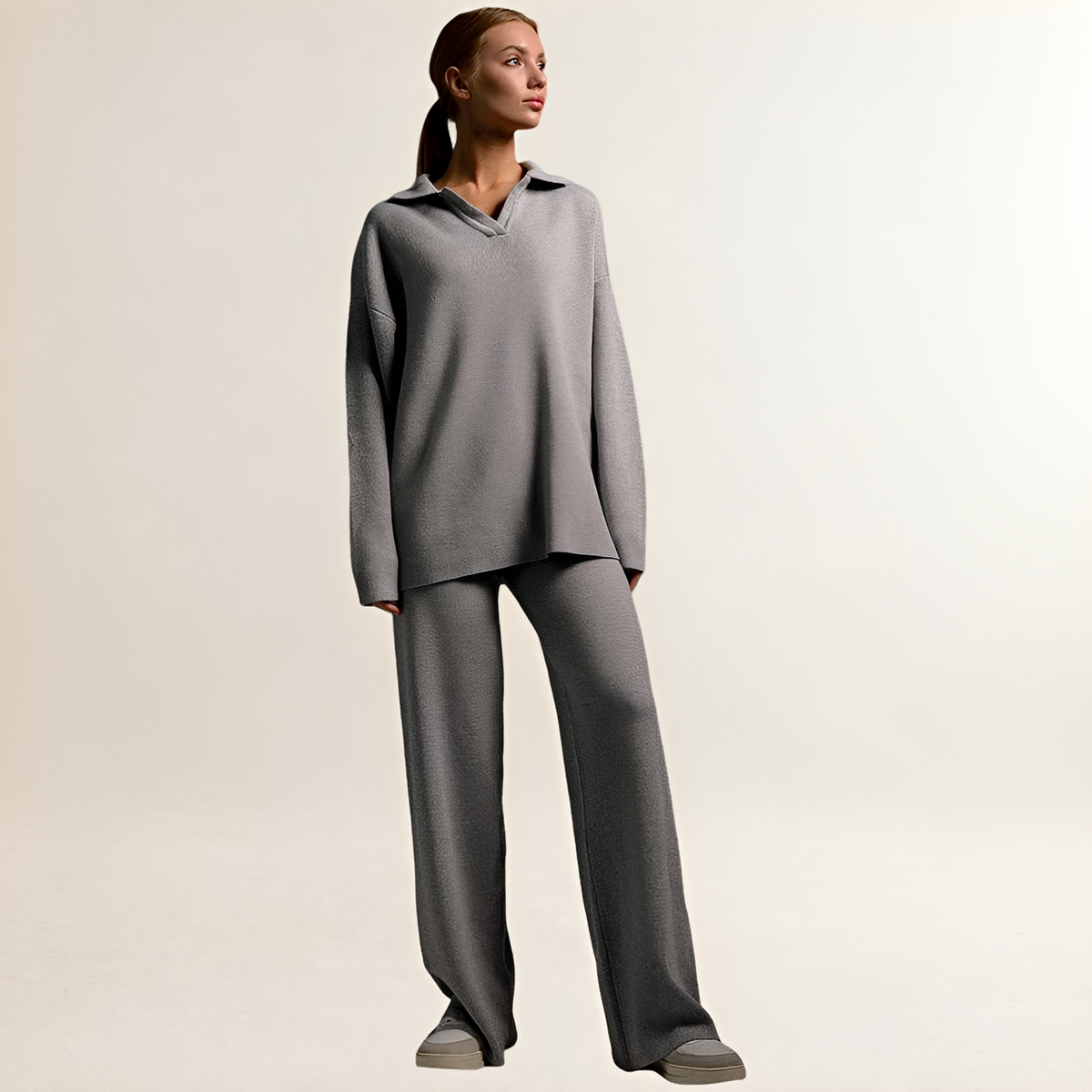Vestido feminino Polosinho Pullover e Calças Loungewear Conjunto com Cintura Elástica de Perna Larga