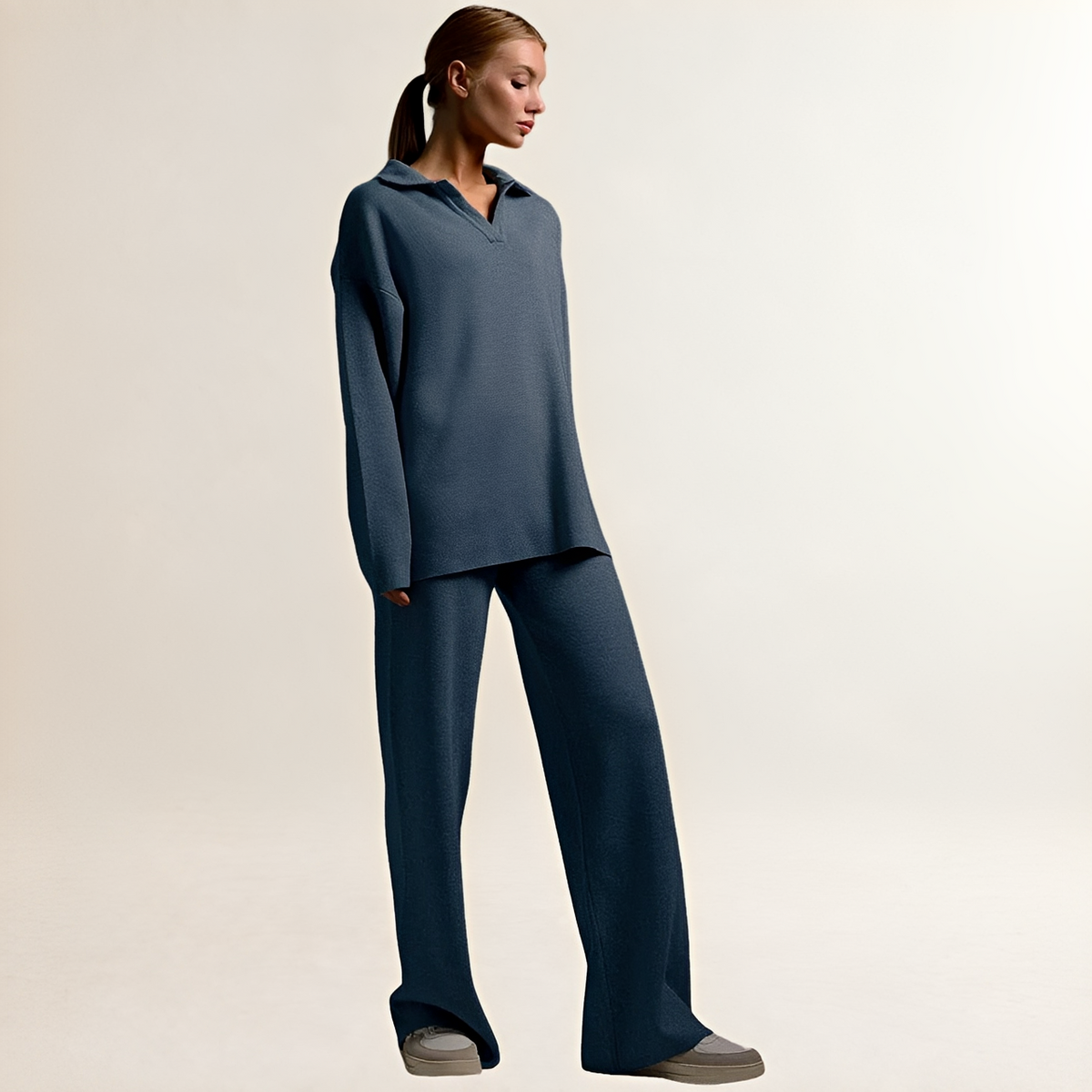 Vestido feminino Polosinho Pullover e Calças Loungewear Conjunto com Cintura Elástica de Perna Larga