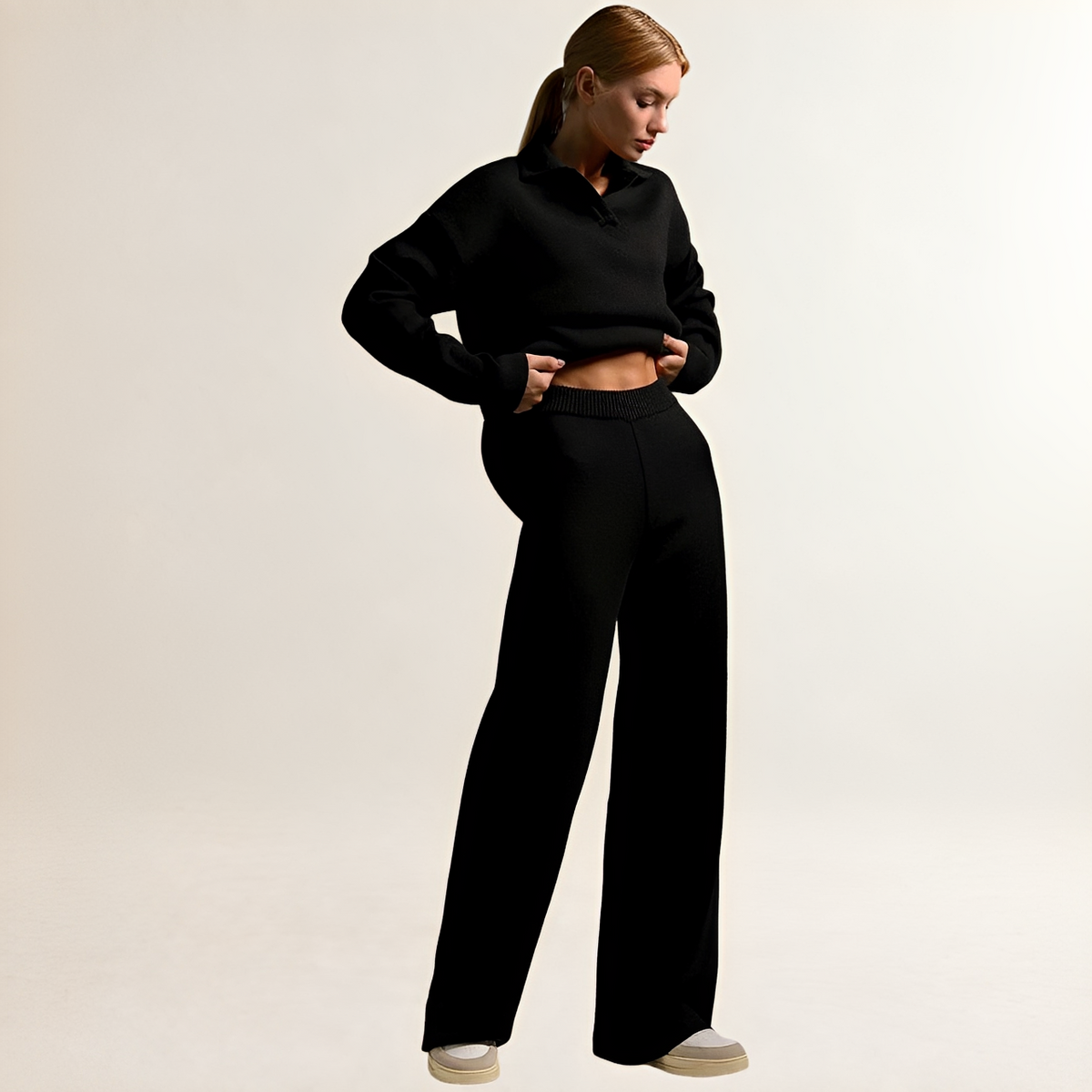 Vestido feminino Polosinho Pullover e Calças Loungewear Conjunto com Cintura Elástica de Perna Larga