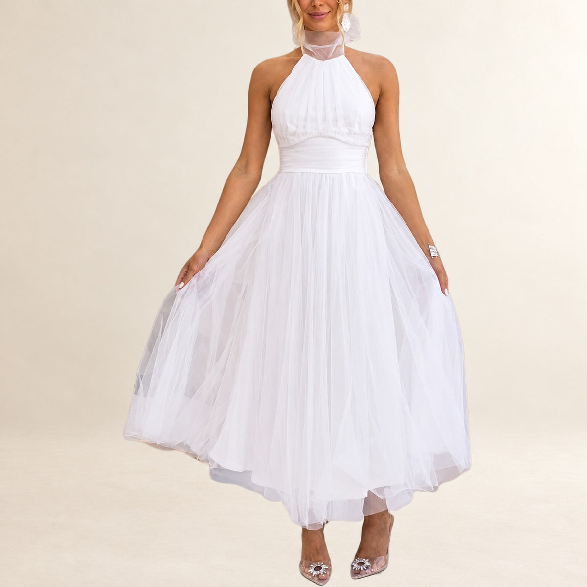 Vestido halter feminino - decote com laço ajustável, corpete franzido, cintura franzida, saia em A até o tornozelo, zíper invisível nas costas