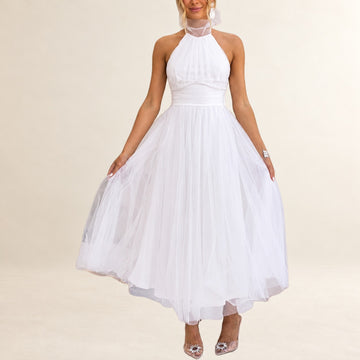Vestido halter feminino - decote com laço ajustável, corpete franzido, cintura franzida, saia em A até o tornozelo, zíper invisível nas costas